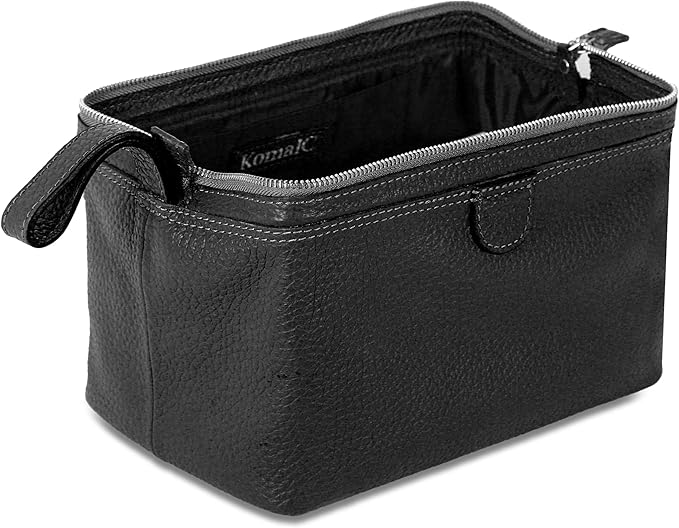 KomalC Premium Buffalo Leather Toiletry Bag for Men & Women – Leather Dopp Kit With Water resistant Lining, Premium Toiletry Travel Pouch, Unisex Wash Bag for Toiletries, Gifts for Men and Women