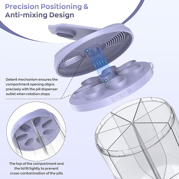 Pill Dispenser with 7 Large Compartments, Pill Organizer for Travel, Supplement Organizer with Anti-Mixing Design, BPA-Free Pill Container with 20 Pcs Labels, Purple