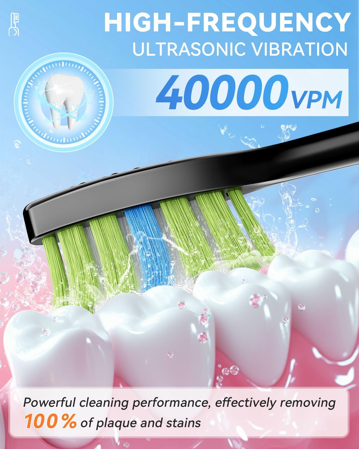 Sonic Electric Toothbrush with 40000VPM Cleaning Power for Adults&Kids, 60-Day Battery Life Rechargeable Power Toothbrush with 5 Modes, 2-Min Smart Timer, 7 Brush Heads & Travel Case (Black, 1 Count)