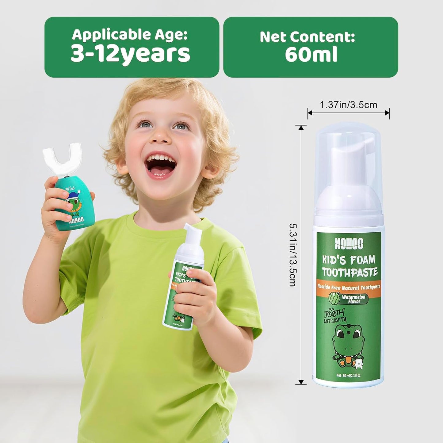 NOHOO Fluoride Free Foam Toothpaste Kids Watermelon,Natural Training Toothpaste for Baby Toddler Children Oral Cleaning and Cavity Protection(2 Pack)