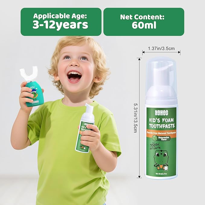 NOHOO Fluoride Free Foam Toothpaste Kids Fruit Flavour,Natural Training Toothpaste for Baby Toddler Children Oral Cleaning and Cavity Protection Strawberry Orange Cantaloupe Watermelon