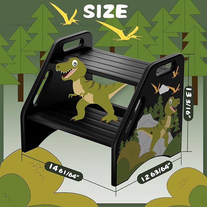 AMBIRD Toddler Step Stool, Dinosaur Wooden Two Step Stool for Kids with Non-Slip Pads, Portable Potty Training Stool with Handles for Bathroom, Sink, Kitchen, Bedroom