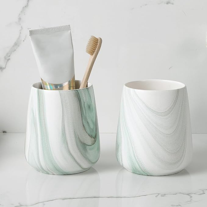 2Pcs Toothbrush Holder for Bathroom - Marble Green Ceramic Tooth Brushing Holders Set, Toothbrush Cup & Toothpaste Organizer for Bathroom Countertop, Makeup Brush Holder, Pen Holder for Home Storage