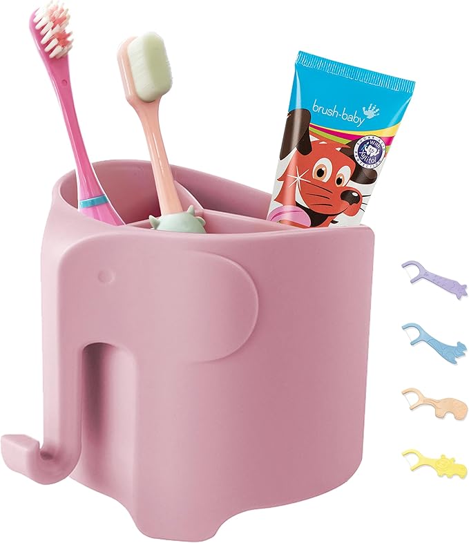Elephant Toothbrush Holder for Toddler, Cute Toothbrush Holder for Kids, Electric Toothbrush Toothpaste Holder with 3 Rapid Drying Slots and a Hook for Bath Ball, Pink