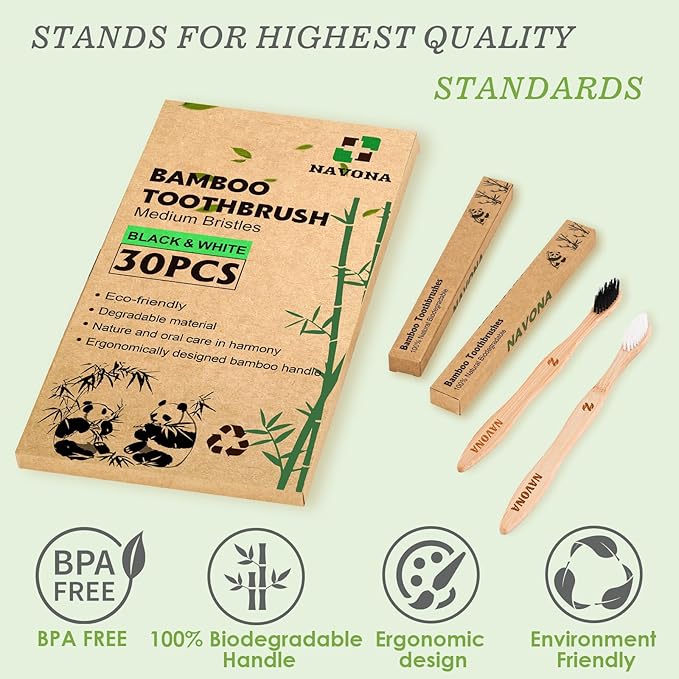 Navona 30 PCS Bamboo Toothbrushes Pack, BPA Free Medium Soft Bristles Toothbrushes for Adults, Eco-Friendly Natural Wooden Toothbrush Bulk, Box of Two Reusable Travel Toothbrush