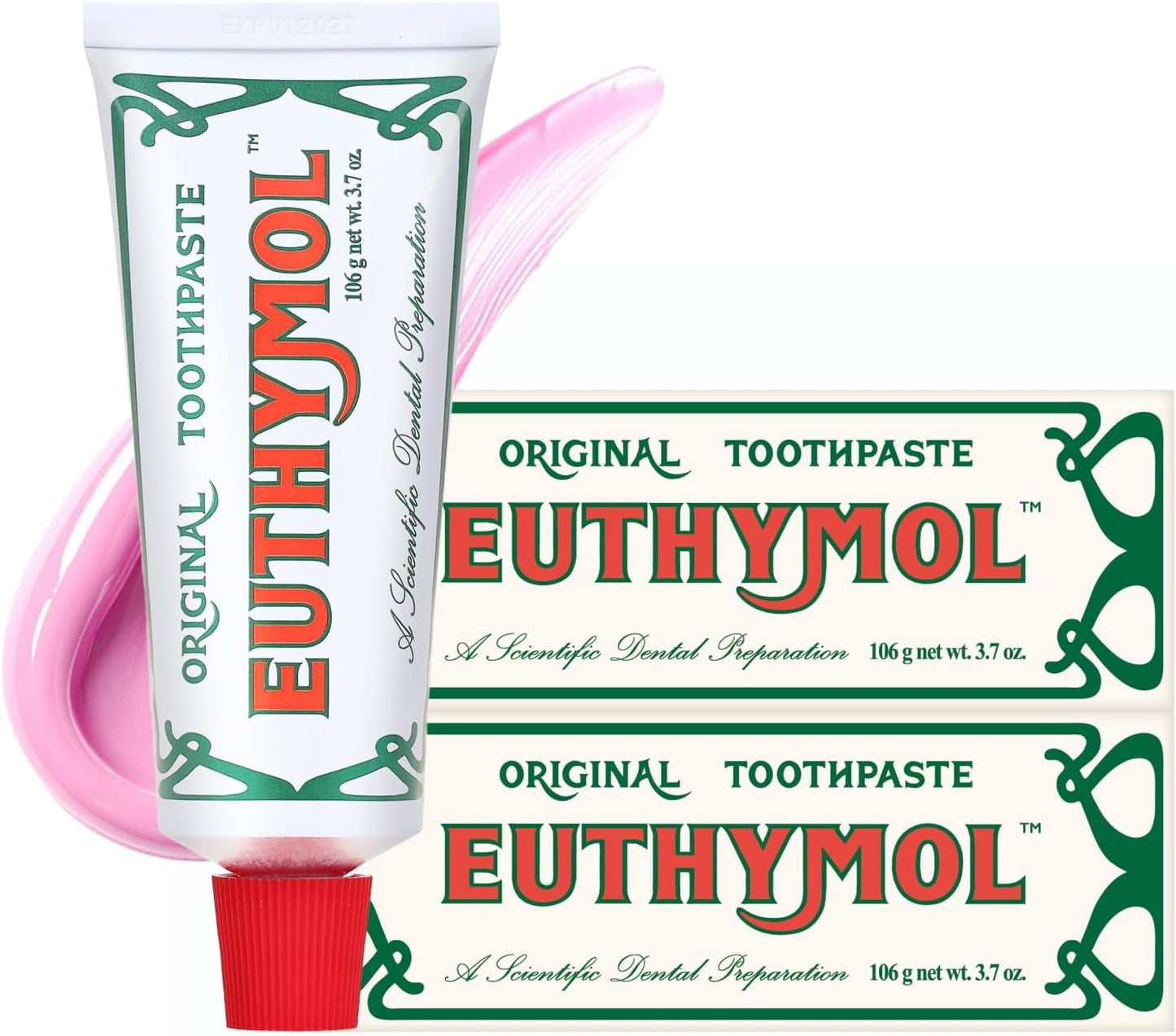 EUTHYMOL Original Pink Toothpaste (3.7fl oz * 2ea/Pack of 2) - Fluoride-Free Toothpaste for Sensitive Teeth & Gum. Bad Breath, Cavity Prevention, 12-Hour Long Lasting Freshness with Wintergreen