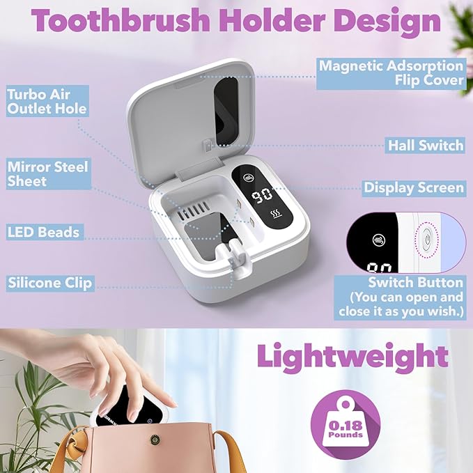 Toothbrush Sanitizer Case and Holders, DRMXBU Wall Mounted Toothbrush Holder with LED Screen, Rechargeable Travel Toothbrush Cleaner Case with Light Air Dry, Tooth Brush Covers for Bathrooms (White)