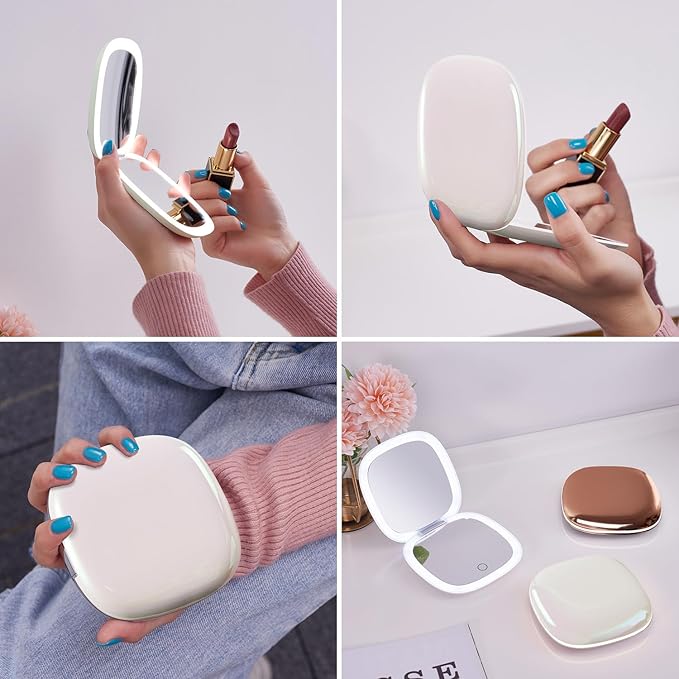 Mocado Compact LED Travel Makeup Mirror - 4 Inches 1X/10X Magnification Travel Mirror with Light Dimmable Double Sides Lighted USB Rechargeable Compact Mirror for Purse,Pocket,Travel(White)