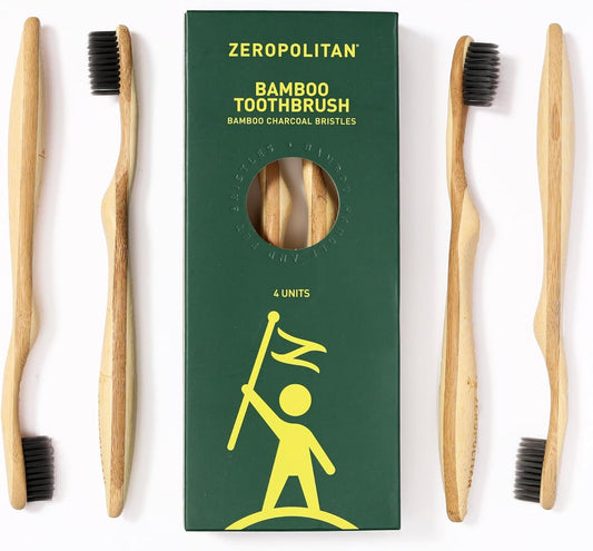 Eco-Friendly Bamboo Toothbrush Set of 4 - Soft Bristle Toothbrush with Ergonomic Handles & Charcoal Bristles – Low Waste & Biodegradable Personal Care Essentials