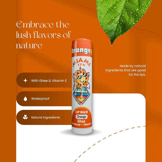 Miami Sun Natural Ghee Lip Balm, Hydrating Lip Treatment with Shea Butter & Beeswax, Organic & Non-Toxic, Best for Dry, Chapped Lips - Moisturizing, Healing, Chemical-Free Lip Repair (1 Count, Orange)