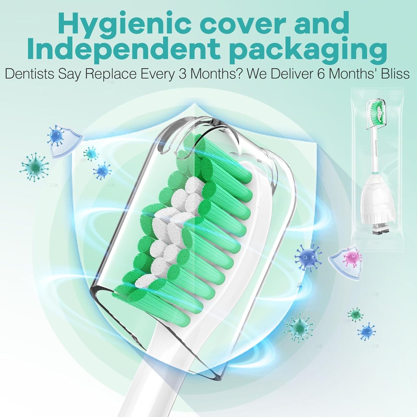 Aoremon Toothbrush Replacement Heads Compatible with Philips Sonicare E-Series Essence Xtreme Elite Advance CleanCare Screw-on Electric Toothbrush Handle Head Come with Hygienic Caps, 3 Count, Green