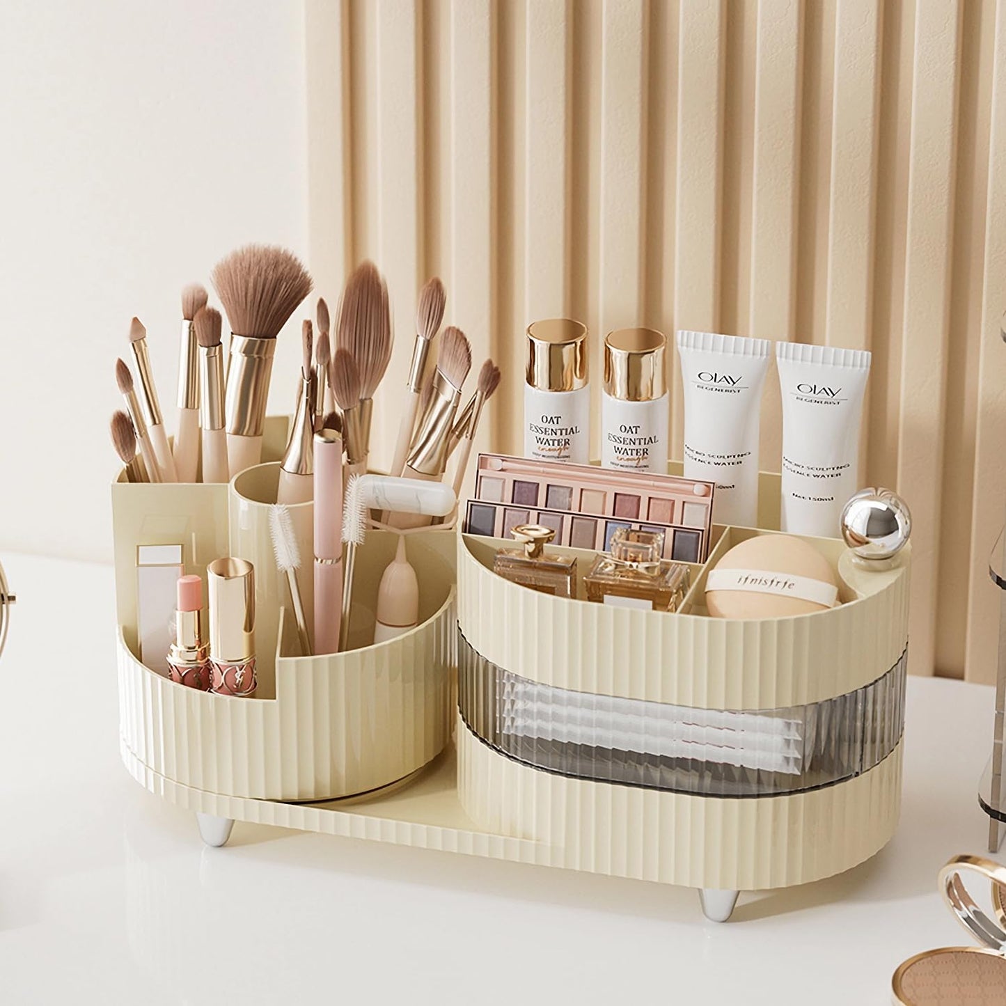 Makeup Organizer Countertop 360°Rotating Makeup Organizer for Vanity - Cosmetic Storage Holder with Makeup Brush Holder and Jewelry Storage (3 Tiers, Cream)