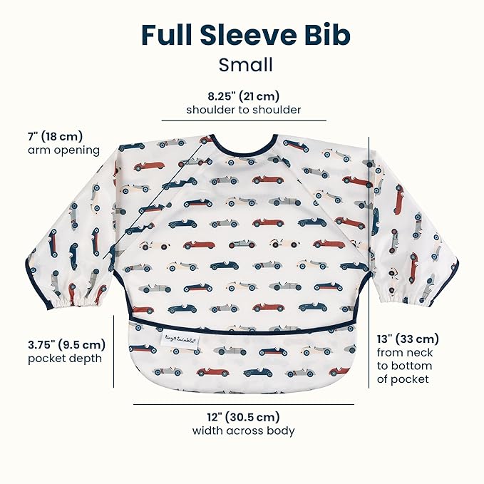 Tiny Twinkle Long Sleeve Bib for Babies & Toddlers – 2 Pack Waterproof Smock Bibs for Eating – Machine Washable & Mess-Proof, Baby Feeding Essential & Shower Must-Have (Cars,Flags,6-24M)