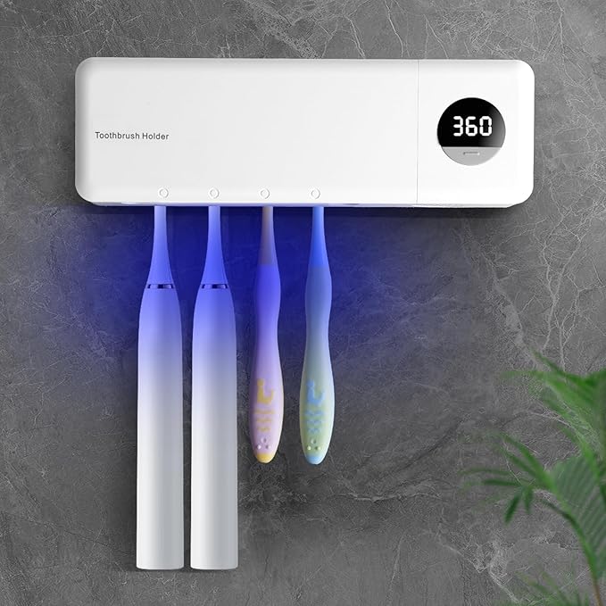 Sanitizeri Toothbrush Holder, Sanitizeri Toothbrush Cleaner, 2000mAh Rechargeable Cordless Wall Mounted Holders for Bathroom, 4 Slots & Timer Function, White