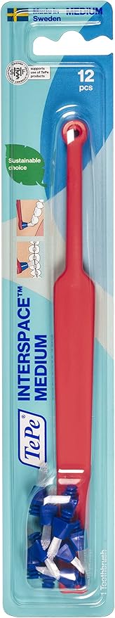 TePe Interspace Angled Medium Toothbrush for Braces with Single-End Tuft and Removable Head, 12 Pack
