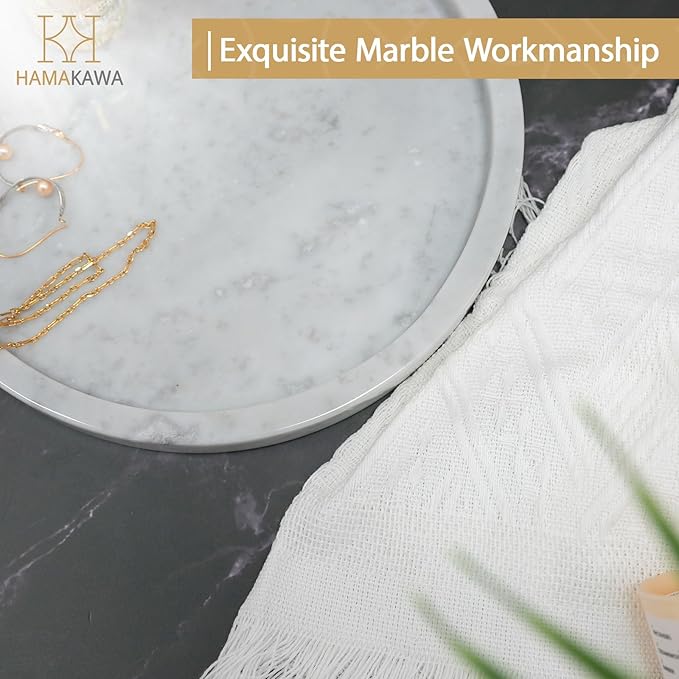 Bathroom Vanity Tray, Large Natural Marble Round Sink Tray 9.5 Inch, Carrara White Limestone Dresser Tray, Modern Countertop Organizer for Soap Dispenser, Kitchen Counter, Home Decor