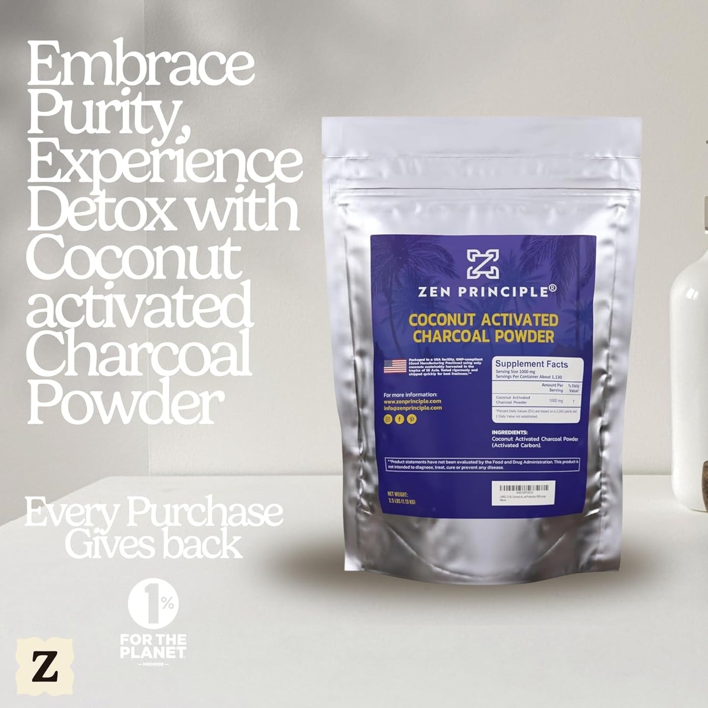 Zen Principle Coconut Activated Charcoal Powder. Whitens Teeth, Rejuvenates Skin and Hair, Supports Better Digestion. USA-Owned Producers, 2.5 lb