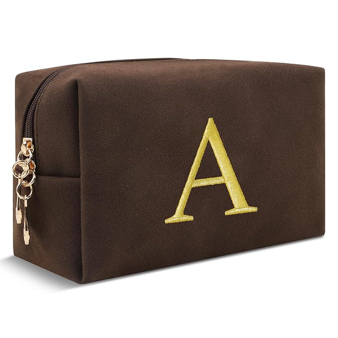 Personalized Initial Makeup Bag,Preppy Suede Cosmetic Bag for Teen Girls,Small Monogram Travel Toiletry Bag With Gold Embroidered Letter,Trendy Stuff Custom Christmas Gift for Women(Coffee-A)