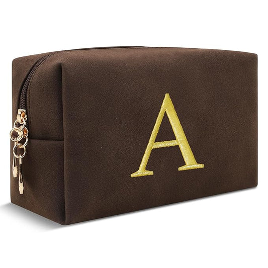 Personalized Initial Makeup Bag,Preppy Suede Cosmetic Bag for Teen Girls,Small Monogram Travel Toiletry Bag With Gold Embroidered Letter,Trendy Stuff Custom Christmas Gift for Women(Coffee-A)