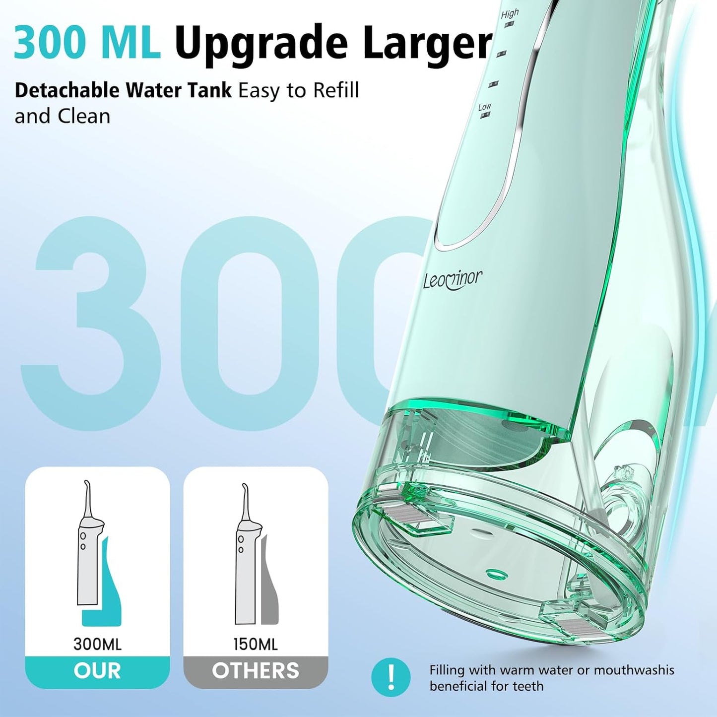 Leominor Water Dental Flosser Pick for Teeth, 300ML Portable Oral Irrigator Upgraded Tank Removable,IPX7 Waterproof, Rechargeable Travel Teeth Cleaner, Professional Electric Flossing (Green)