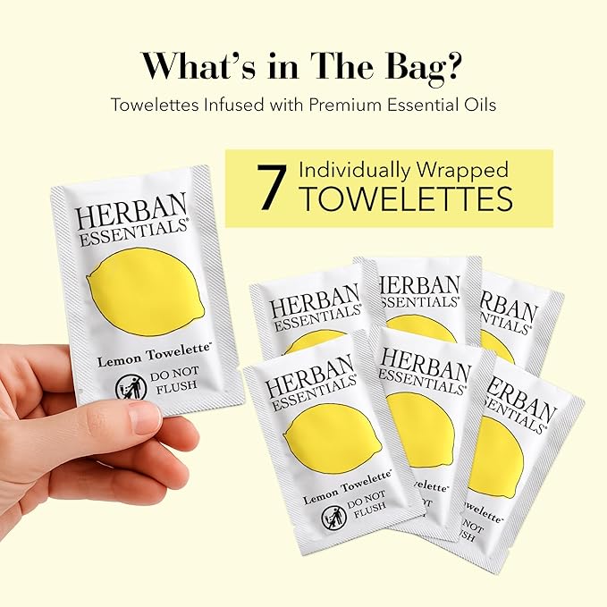 Herban Essentials - Lemon Wipes & Towelettes - Essential Oil Wipes for Make Up, Hands, Face & Body - Travel Size Essentials & Toiletries - Natural, Individually Wrapped, Disposable & Moist (7 count)