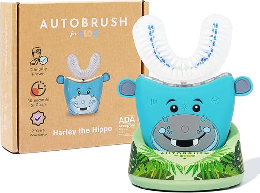 autobrush Kids Electric Toothbrush – Only ADA Accepted U-Shaped Toothbrush, Clinically Proven Up to 5.1X Better Cleaning, 30 Seconds, Full-Mouth 360 Coverage, LED Lights, Music, Ages 6-8, Hippo