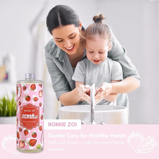 ROMIIE ZOI Strawberry Foaming Hand Soap Refill Set – 3 x 33.8 Fl Oz with Refillable Dispenser, Natural and Cruelty-Free Formula, Large Family Pack for Home, Bathroom, and Luxury Gifting
