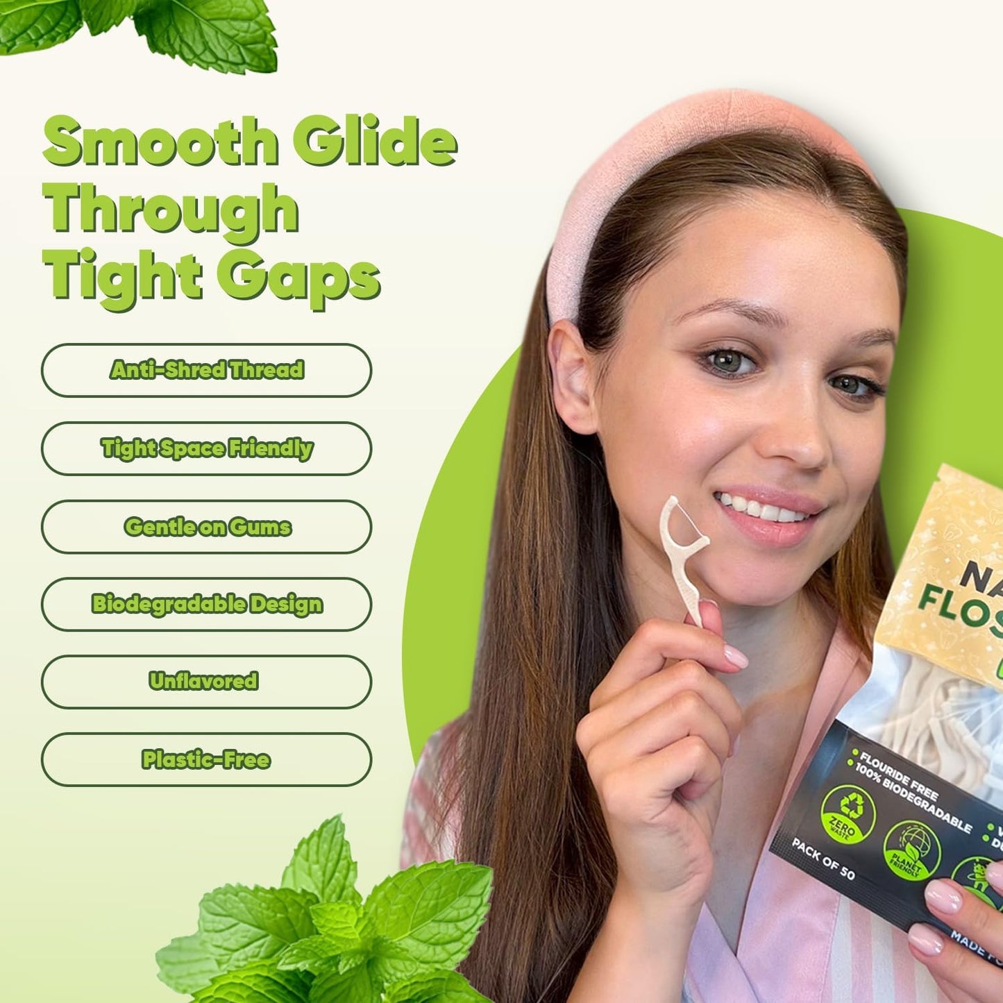 Biodegradable Floss Picks - Natural Straw Wheat Handle | Thin & Durable Thread for Tight Gaps! | Dental Flossers for Adults | Gentle on Gums & Teeth | Eco Friendly, Vegan, Natural (200 Pack, Mint)