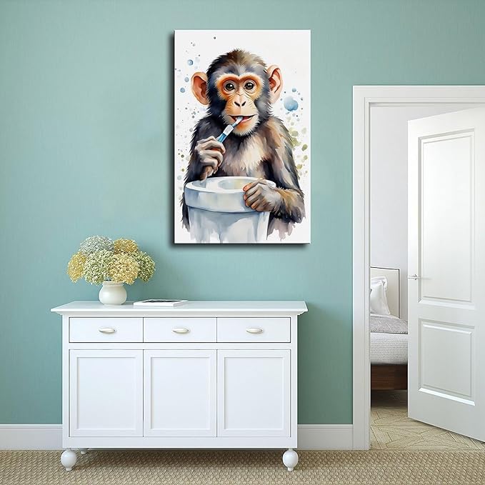 KIPNG Cheerful Monkey Hygiene_ Work of A Playful Dental Routine Poster Canvas Poster Bedroom Sports Landscape Office Room Gift Unframe-style20x30inch(50x75cm)