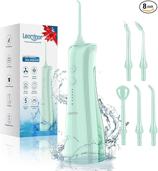 Leominor Water Flosser - 5 Modes Cordless Portable Oral Irrigator, IPX7 Waterproof, Rechargeable Teeth Cleaner Professional Flossing Cleaning Pick for Home Travel (Green)