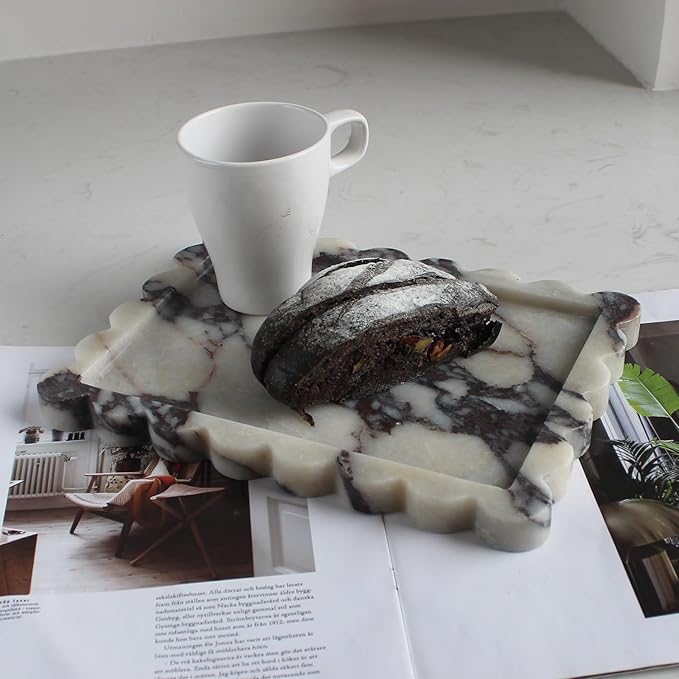 Natural Luxury Scalloped Marble Tray 10.8"x8", Rectangle Vanity Tray for Bathroom Kitchen Counter, Decorative Tray for Dresser Home Decor - Calacatta Purple