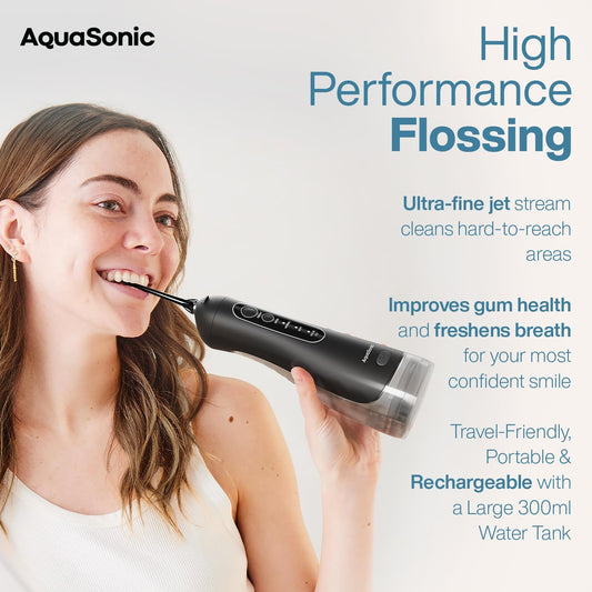 AquaSonic Aqua Flosser PRO - Rechargeable Cordless Water Flosser for Teeth, Gums & Tongue - Modern Design, 300ml Large Tank, 6 Jet Tips with Deluxe Tongue Nozzle, 3 Modes, Waterproof Black