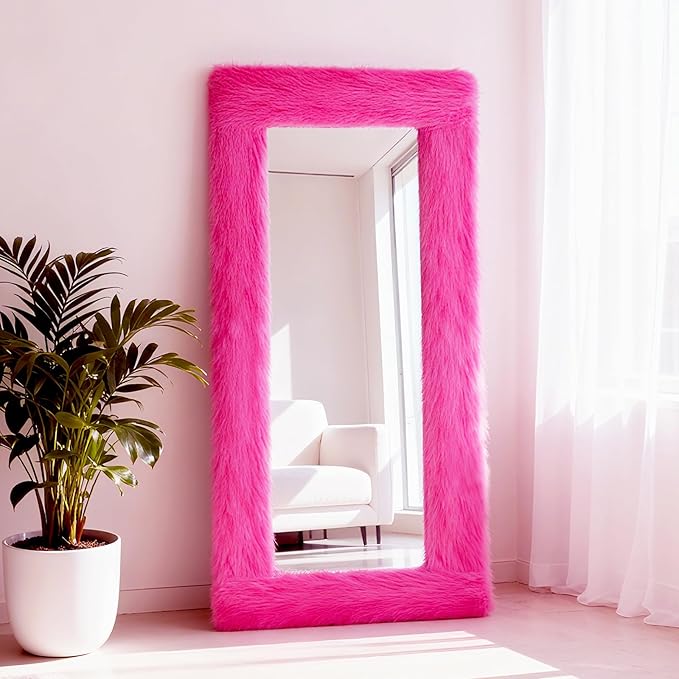 Fluffy Full Length Mirror Cover Universal Ultra Soft Non-Slip Border with Adhesive Tape Pink Fuzzy Frame Decor for Standing Mirror Bedroom Cloakroom Home Decor Women Gifts (vibrant pink, 64 x 21 Inch)