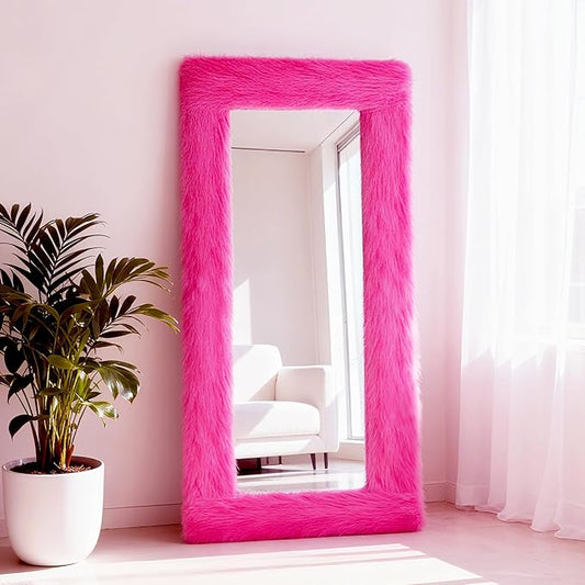 Fluffy Full Length Mirror Cover Universal Ultra Soft Non-Slip Border with Adhesive Tape Pink Fuzzy Frame Decor for Standing Mirror Bedroom Cloakroom Home Decor Women Gifts (vibrant pink, 64 x 21 Inch)
