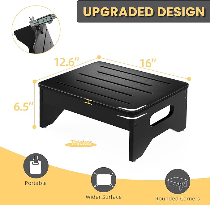 Wooden Step Stool for Adults & Kids, Non-Slip Rubber Feet, 6.5 Inch High, Lightweight Small Step, 400 Lbs Capacity, Bed Step Stool for High Bed, Bathroom & Kitchen, Black