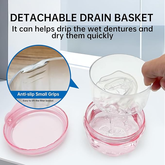 Denture Bath Case Denture Cleaning Cup with Lid Leak Proof, False Teeth Holder Mouthguard Storage Box Retainer Soaking Case for TravelHousehold|Office - Transparent Pink