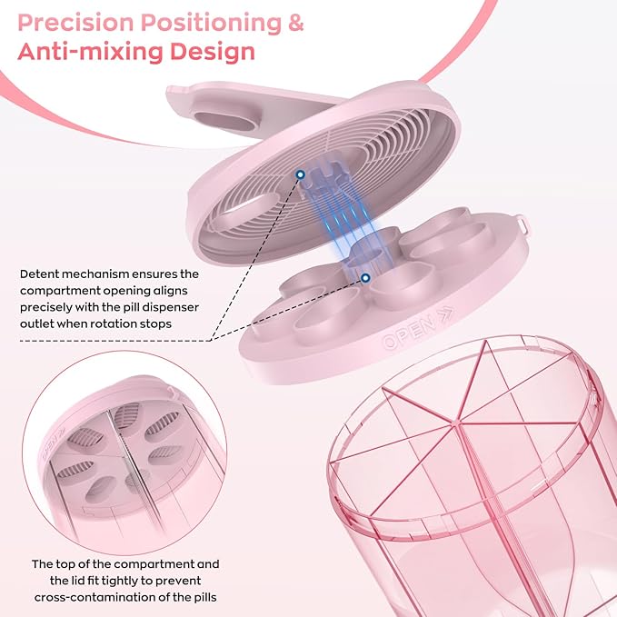 Pill Dispenser with 7 Large Compartments, 4.4" H x 3.6" Dia Pill Organizer for Travel, Supplement Organizer with Anti-Mixing Design, BPA-Free Pill Container with 20 Pcs Labels, Pink