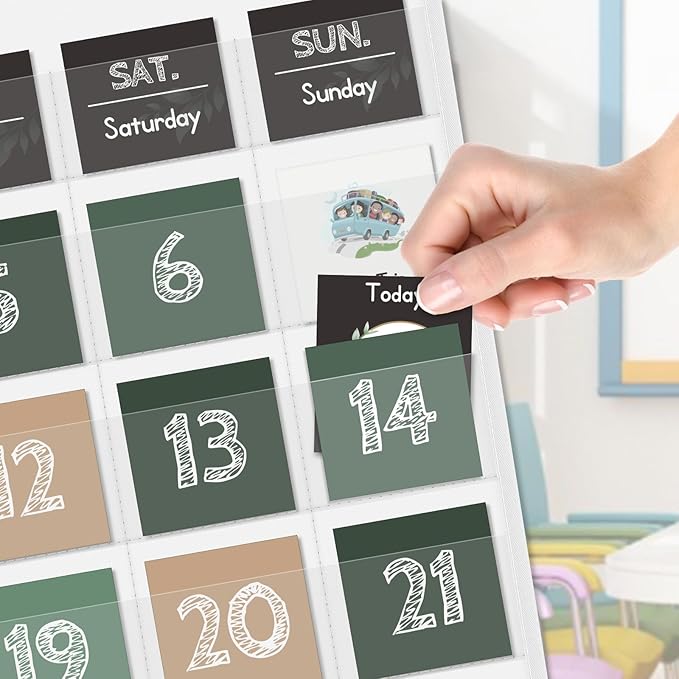 Eamay Boho Greenery Calendar Pocket Chart with 82 Cards for Kids Learning,Classroom and Home School Décor