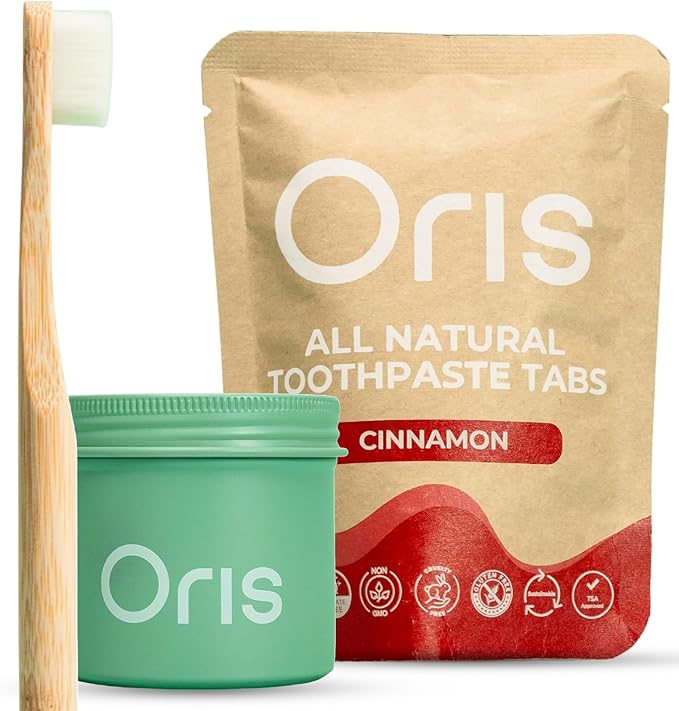 Oris Starter Bundle – 1 Month Supply: Natural Toothpaste Tablets | Fluoride-Free, Travel-Friendly, Kid-Safe with Enamel-Strengthening Nanohydroxyapatite (62 Count (Pack of 1), Cinnamon)