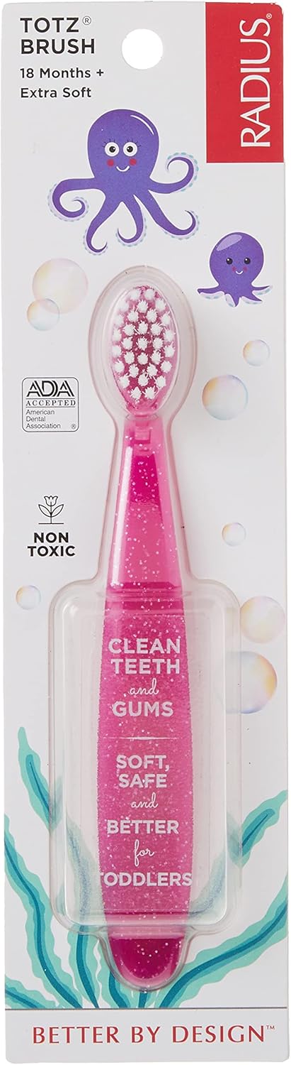 RADIUS Totz Toothbrush Extra Soft Brush BPA Free & ADA Accepted Designed for Delicate Teeth & Gums for Children 18 Months & Up - Pink Sparkle - Pack of 2