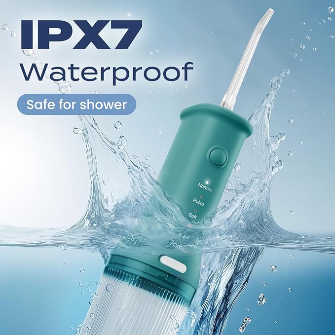 7AM2M Portable Cordless Water Flosser, Oral Irrigator with 3 Modes & 2 Tips, Fast Rechargeable, IPX7 Waterproof, Dental Water Flosser for Travel and Home Use (Peacock Green)