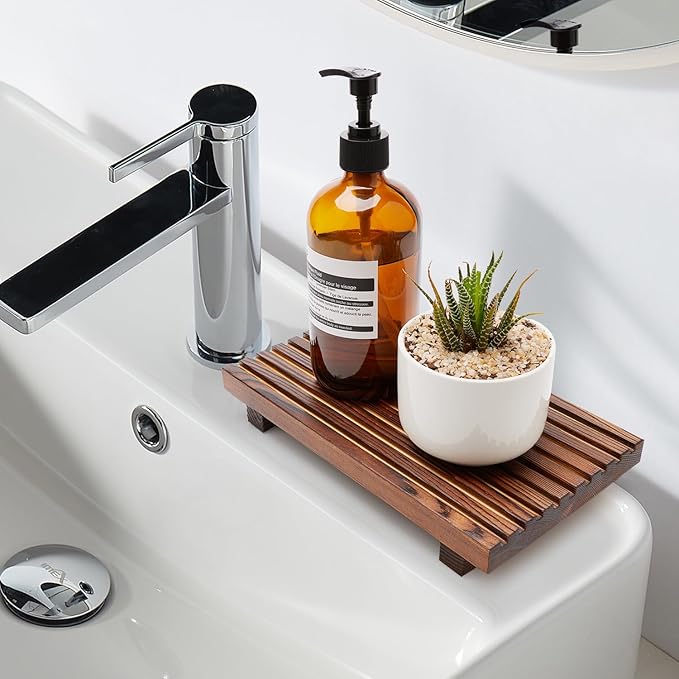 Farmhouse Bathroom Counter Organizer Wooden Display Pedesta Stand Small Kitchen Countertop Trays Decorative Wood Riser Dish Soap Dispenser Holder for Bathroom Decor Sink Accessories Vanity Tray