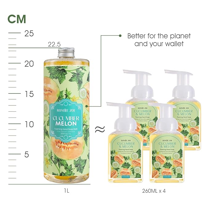 ROMIIE ZOI Natural Cucumber&Melon Foaming Hand Soap Refills 3-Pack (33.8 Fl Oz Each) with Dispenser - Plant-Based, Non-Toxic, Large Volume for Kitchen, Bathroom - Great Value Gift Set for Housewarming
