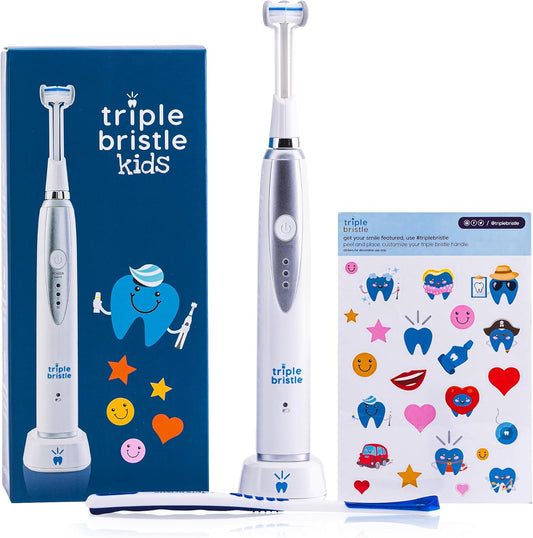 Triple Bristle Kids Sonic Toothbrush | 1 Pack | 3 Sided Toothbrush to Clean Teeth and Gums | Dentist Created & Approved | Fun Sticker Rewards | Rechargeable Three Sided Toothbrush for Kids