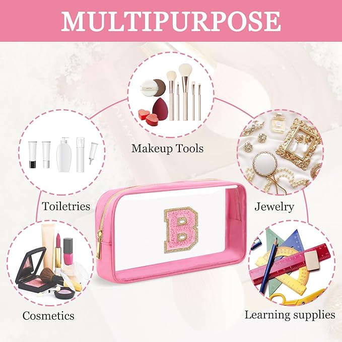Small Clear Personalized Initial Makeup Bag,Nylon Preppy A-Z Chenille Letter Patch Cosmetic Pouch Beach Toiletry Bag,Waterproof Zipper Travel Purse Storage Bag Organizer for Women Girls(Pink-Pink B)