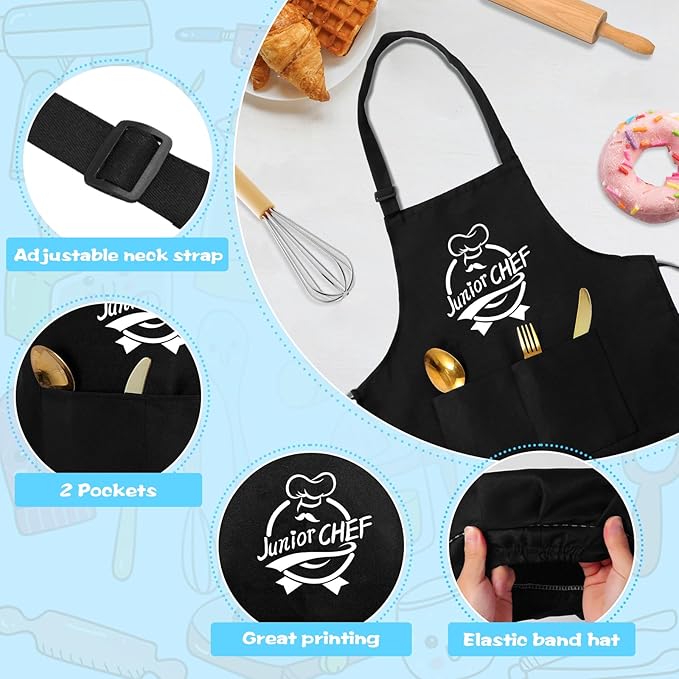 Kids Apron and Chef Hat Set, “Junior CHEF” Adjustable Funny Apron Child Kitchen Apron Cooking Baking Painting with 2 Pockets for Boys and Girls