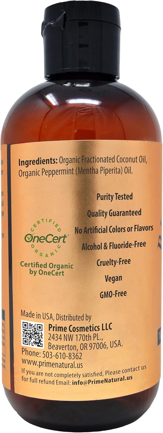 PRIME NATURAL Oil Pulling with Organic Coconut & Organic Peppermint Oil 8oz | Cocomint | Natural Oral Care & Teeth Whitening | Alcohol Free Mouthwash Freshens Breath, Healthier Teeth & Gums