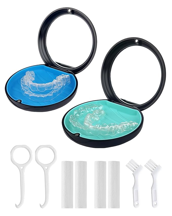 2 Pack Retainer Case with Mirror Kits, Aligner Case Compatible with Invisalign, Slim Night Guard Cases with Aligner Removal Tool, Brush and Chew, Black(Blue+Cyan Silicone)