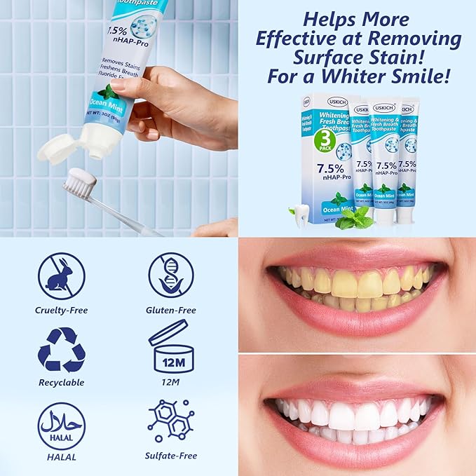 3 Pack Natural Whitening Fluoride Toothpaste,Whitening Toothpastes with Ocean Mint,Nano Hydroxyapatite Toothpaste, Appropriate for Sensitive Teeth - for Adult, Kids Oral Care,3 Oz Tubes