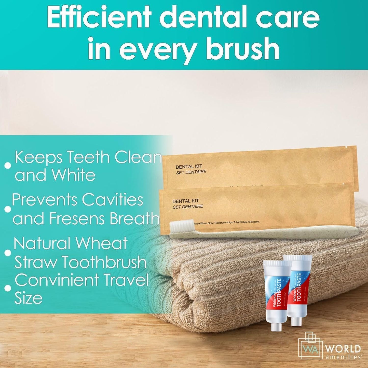 World Amenities Kraft Paper Dental Kit - Wheat Straw Toothbrush and Toothpaste Dental Care Kit (100)